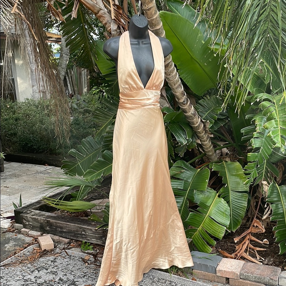 Bari Jay butter, satin gown with train